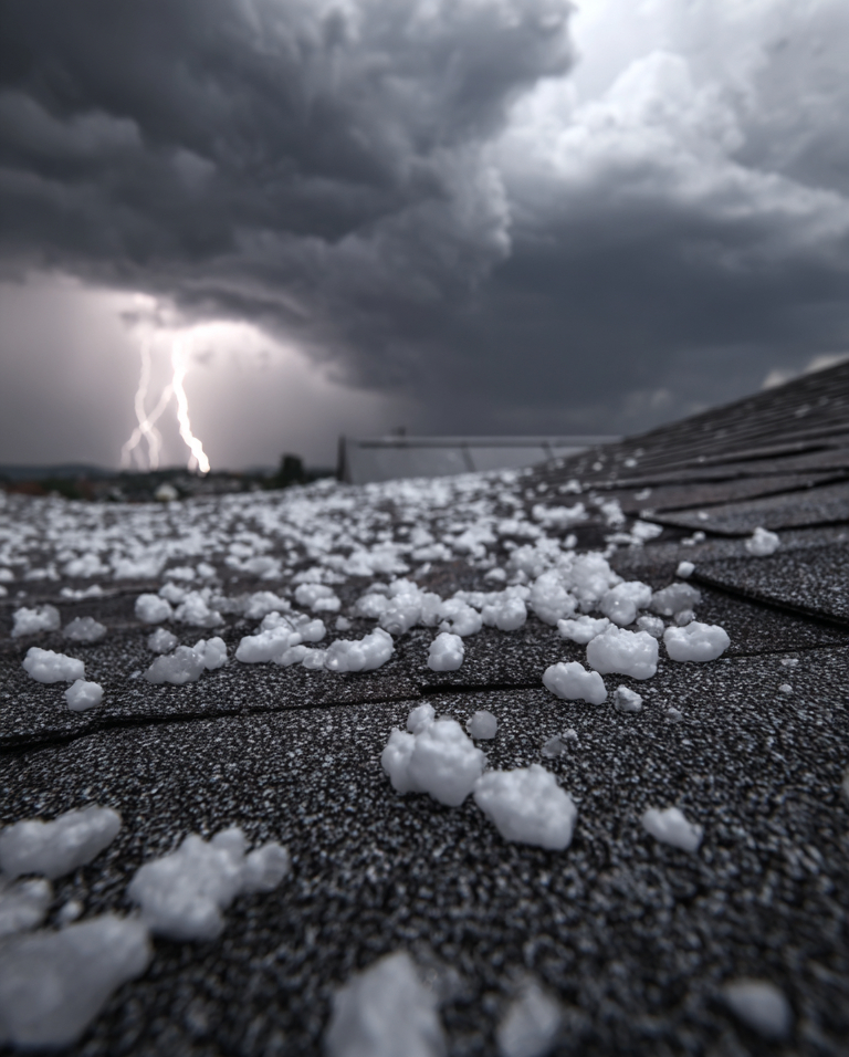Close-up of hailstones on an asphalt shingle roof during a storm with dark clouds and lightning in the background